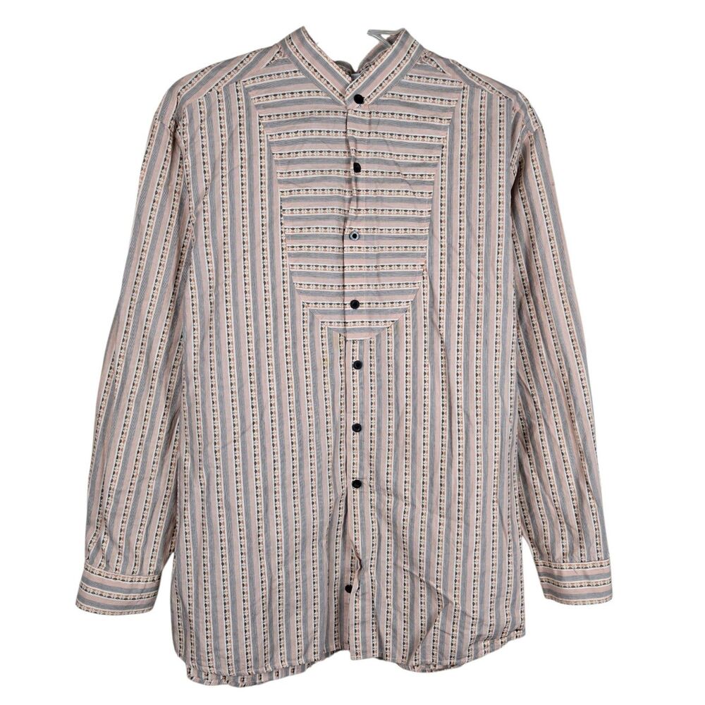 Scully Men's Shirt L Geometric Striped Band Collar Long Sleeve Bib Front Western